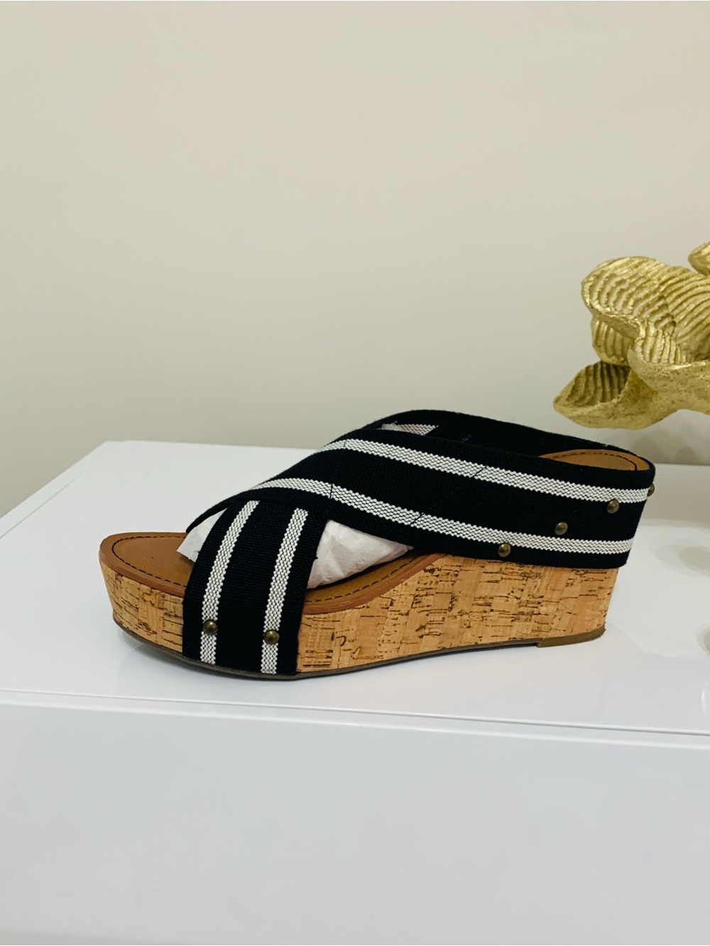 Crown Vintage Black & White Striped Cork Wedge Sandal